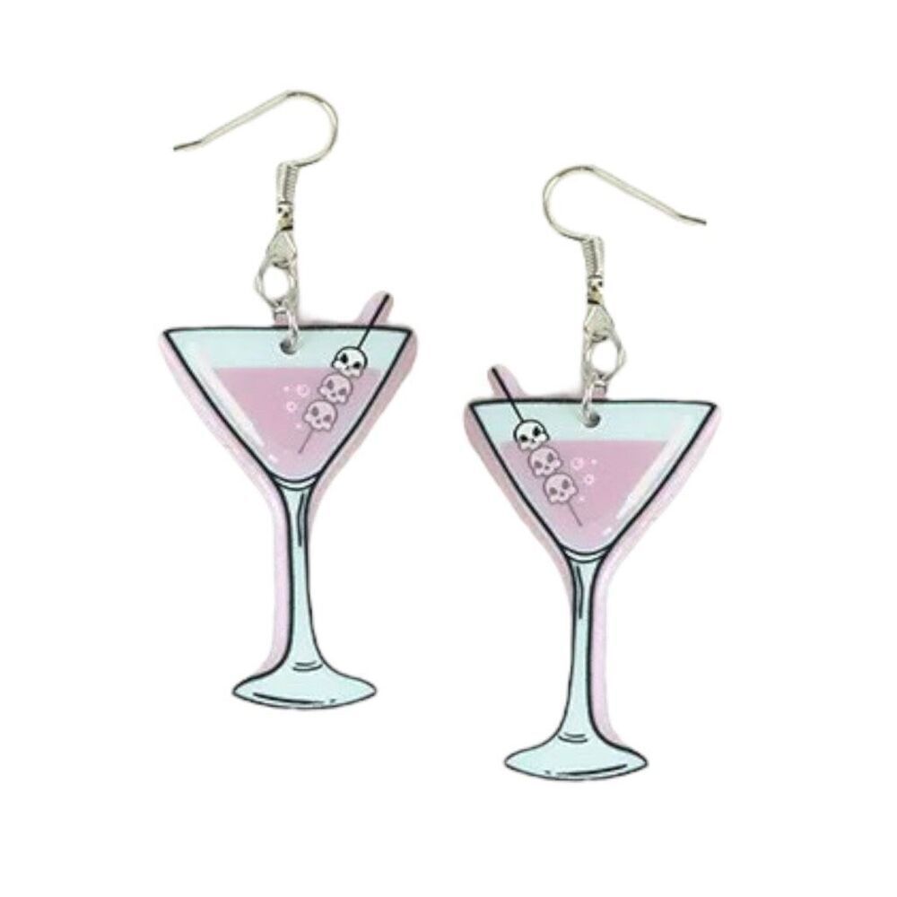 New Pastel Goth Skull Martini Drop Earrings Fun Drink Skeleton Brew Halloween
